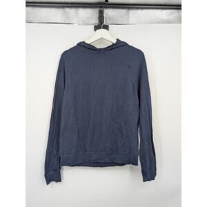 Vince Wool Long Sleeve Hooded Sweater Women's Large Navy Warm Fall Hole Shoulder